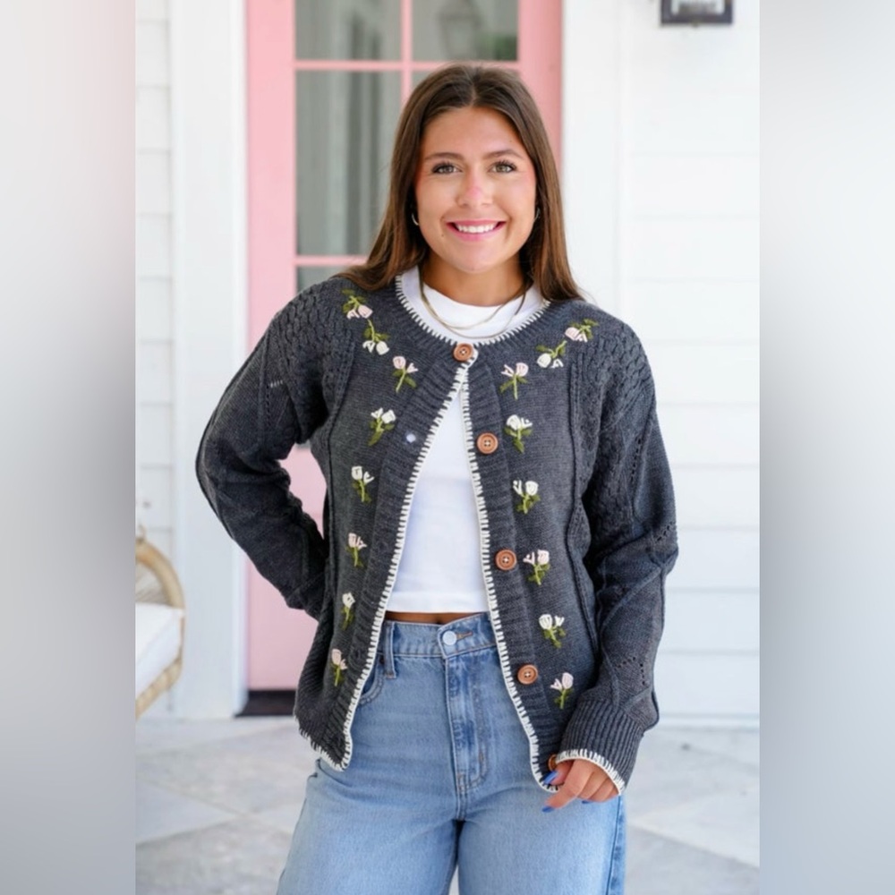 Listicle Charcoal button down Cardigan Sweater with floral embroidery detail